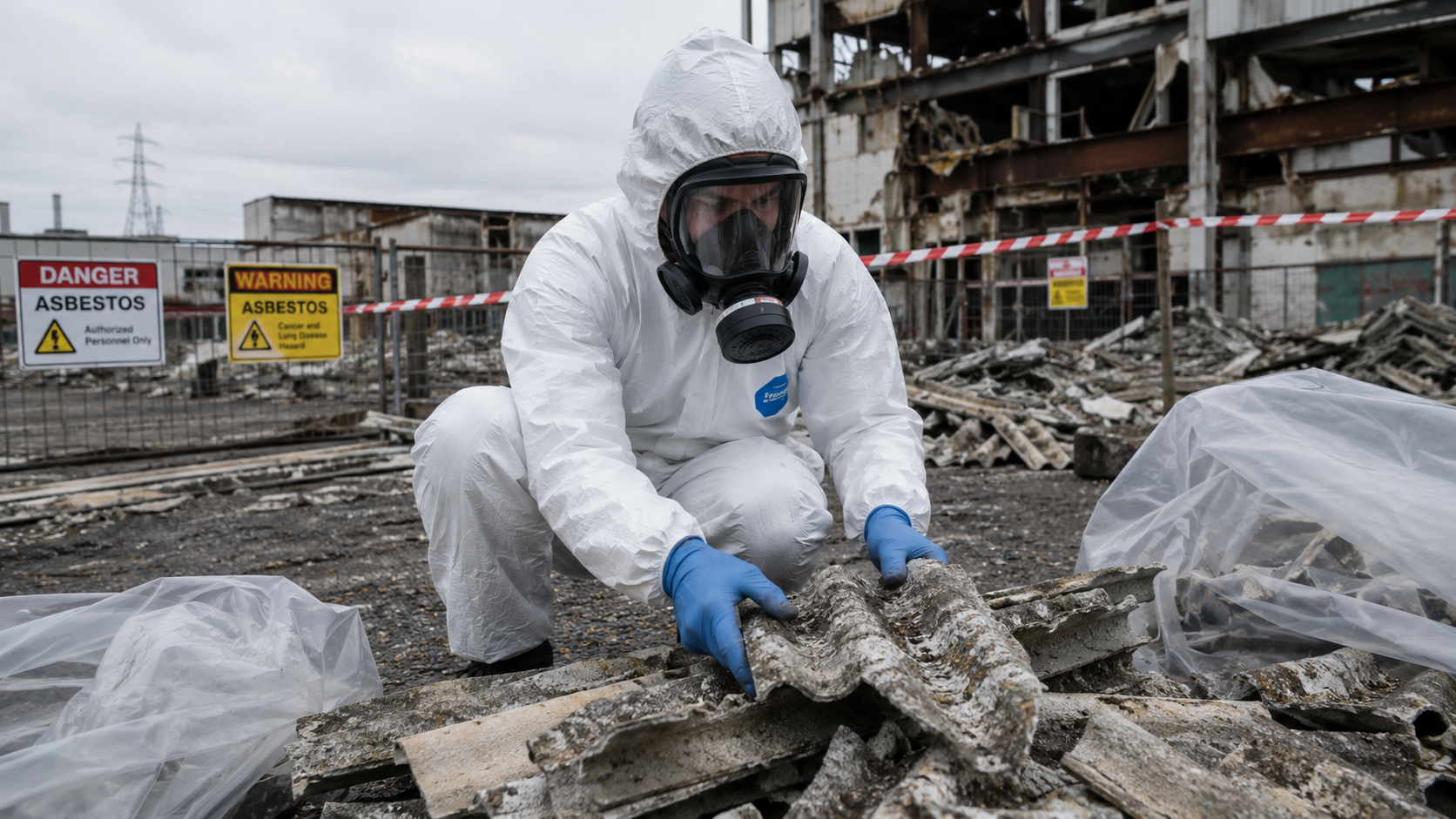 Bodemsanering B + Asbestkeuring Werknemer in wit hazmat pak met ademhalingsapparaat verzamelt asbestmonsters op verontreinigde buitenlocatie - Bodemsanering B asbestkeuring