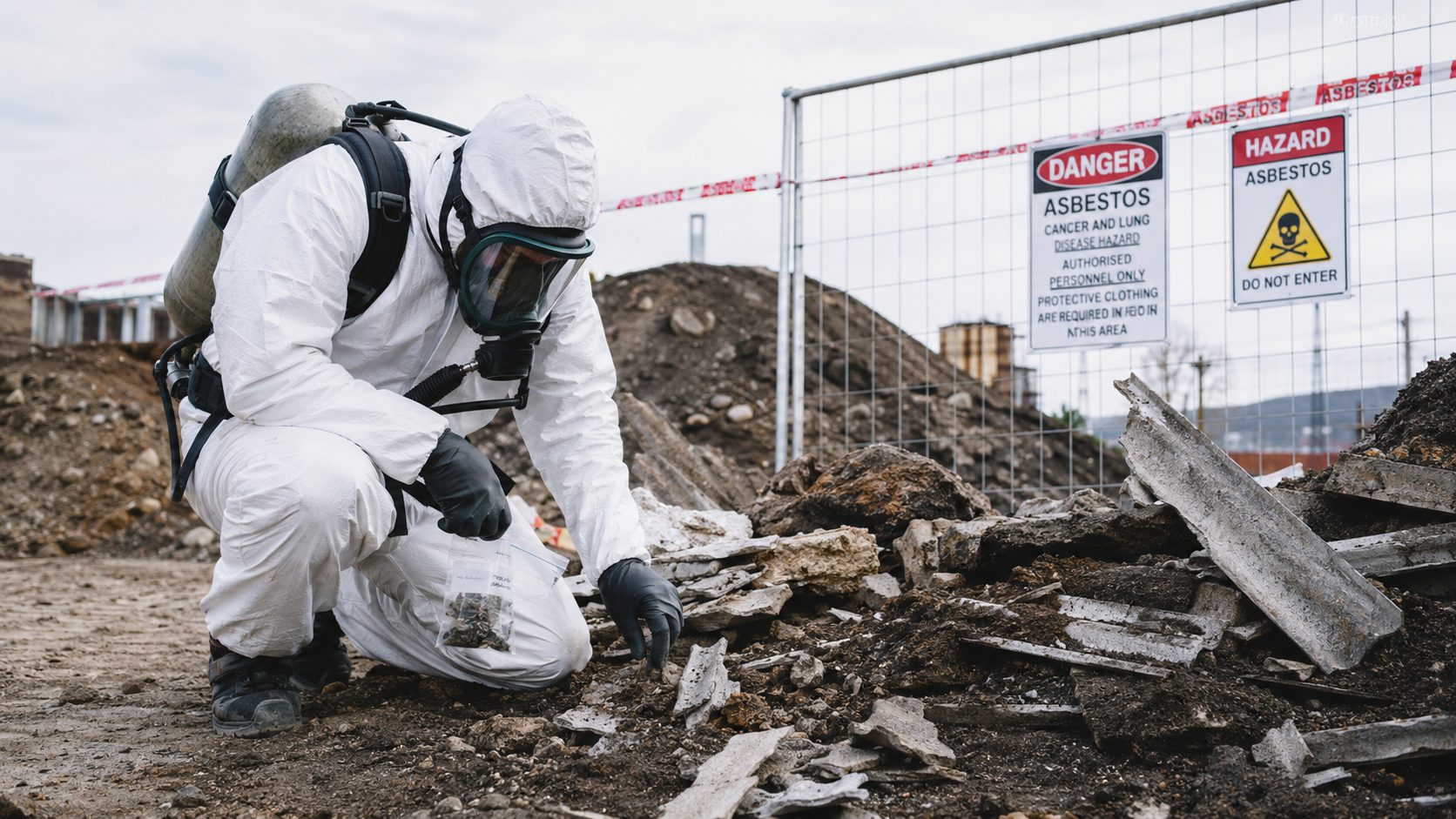Bodemsanering C + Asbestkeuring Specialist in volledig beschermend pak met persluchtmasker inspecteert asbestmateriaal op industrieel terrein - Bodemsanering C asbestkeuring